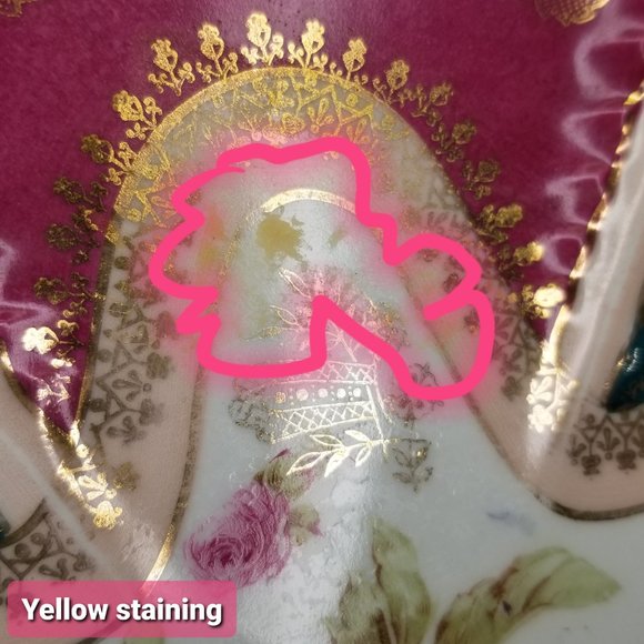 Antique JPF Germany Porcelain Gilded Cake Plate Double Handles Pink Magenta Teal - Picture 2 of 7